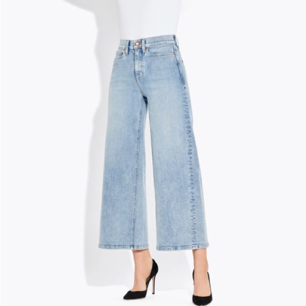 AYR The Must Light Wash Wide-Leg Jeans 32x26 Cropped Fringe Hem Distressed